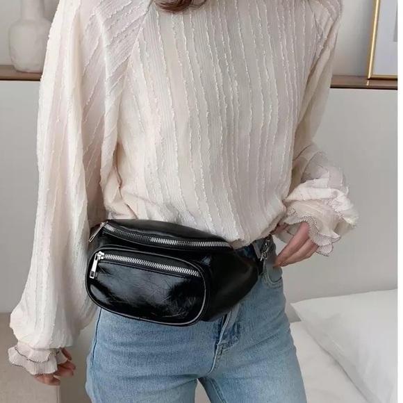 Fanny pack bag crossbody waist adjustable 2 pocket zipper chain bags white black - Picture 10 of 13